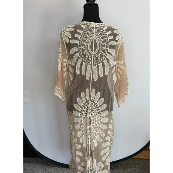 Beige Sheer Lace Duster With Intricate Embroidery Open Front Kimono Style Cover - Picture 7 of 7